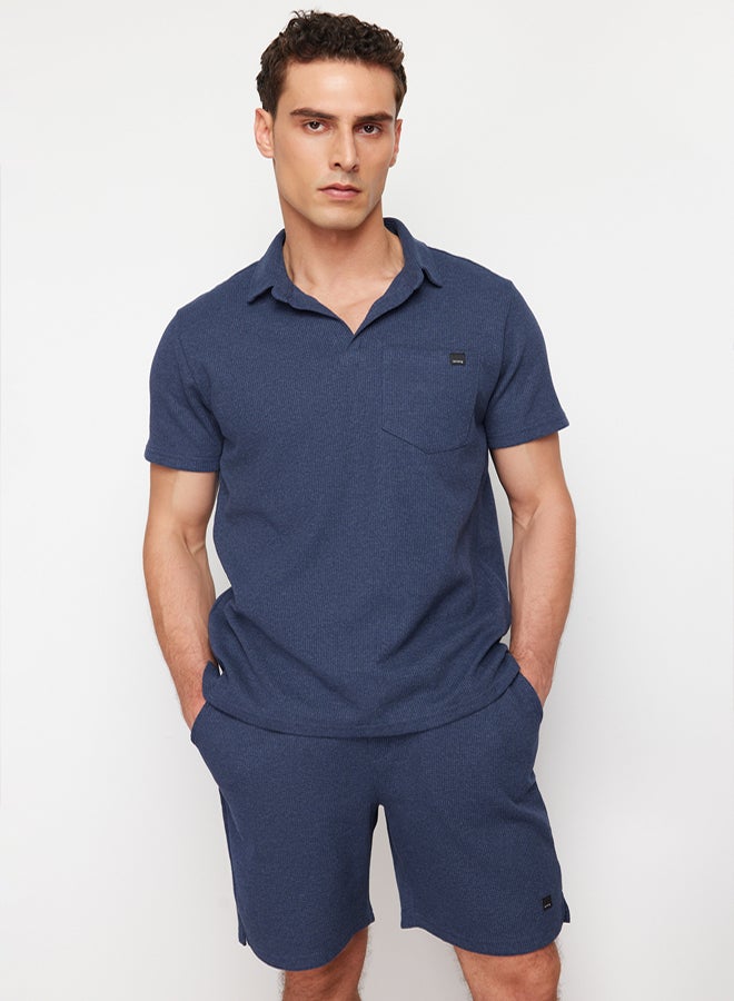 trendyol Indigo Regular/Normal Cut Textured Fabric Label Polo Collar Thick Tracksuit Set - Image 1