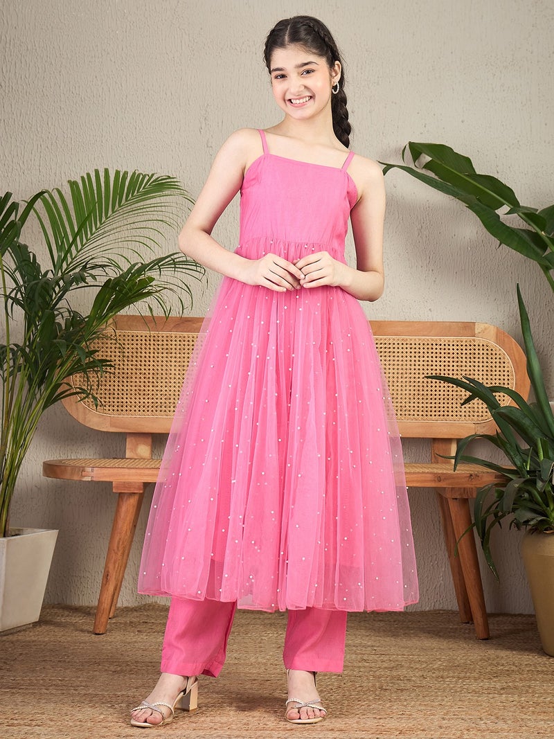Cherry & Jerry Woven 3/4th Sleeves Embroidered Flared Kurta Sets-Pink - Image 5