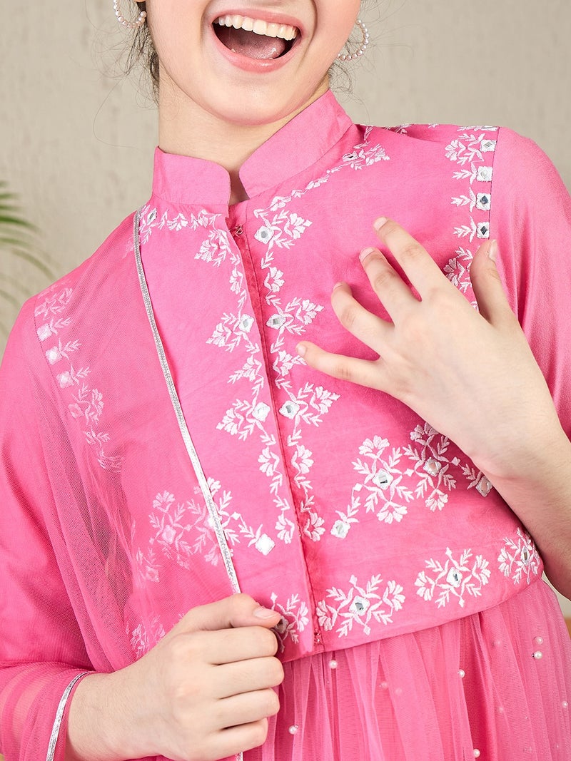 Cherry & Jerry Woven 3/4th Sleeves Embroidered Flared Kurta Sets-Pink - Image 3