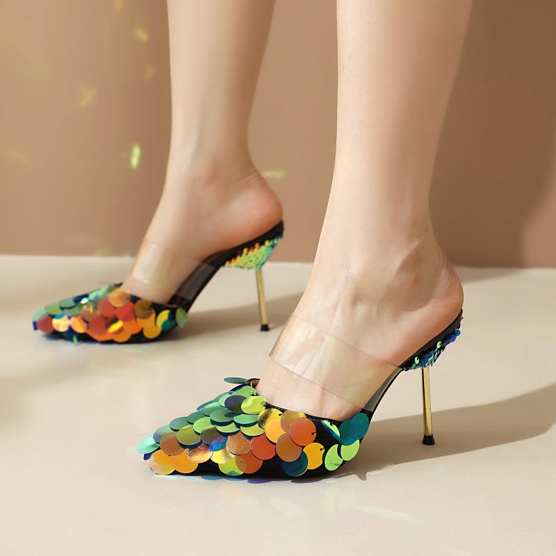 2024 High Heel 32-43 Slim Large Sequin Outdoor Slippers For Women - Image 5