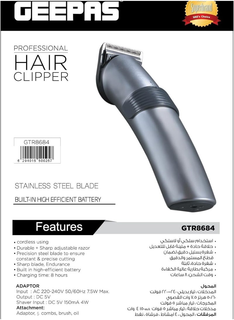 GEEPAS GEEPAS Professional Hair Clipper Electric And Beard Trimmer With High Capacity Battery, Includes 5 Comb Attachments, Brush, Oil Stainless Steel Blade And Sharp Adjustable Cordless Using GTR8684  - Image 5