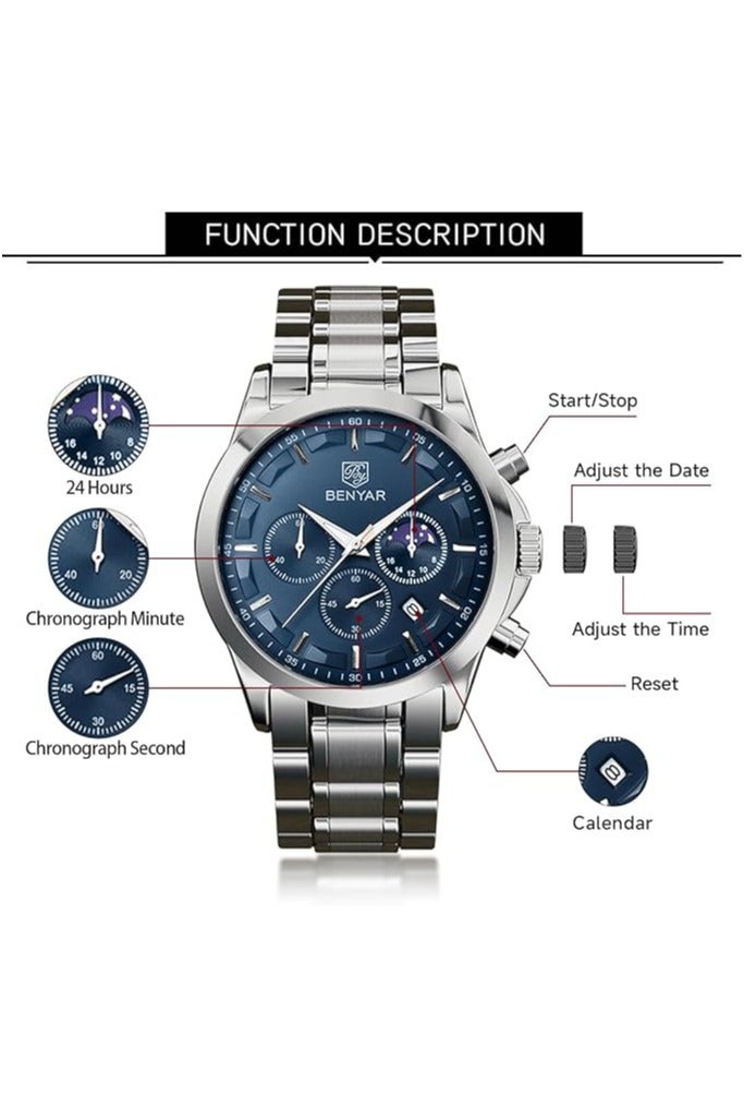 BENYAR Mens Watches Multifunction Chronograph Date Quartz Watch for Men Stainless Steel Band Wrist Watch Gift for Men Casual Business - Image 5