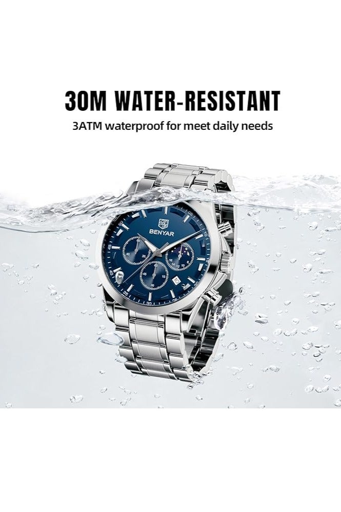 BENYAR Mens Watches Multifunction Chronograph Date Quartz Watch for Men Stainless Steel Band Wrist Watch Gift for Men Casual Business - Image 4