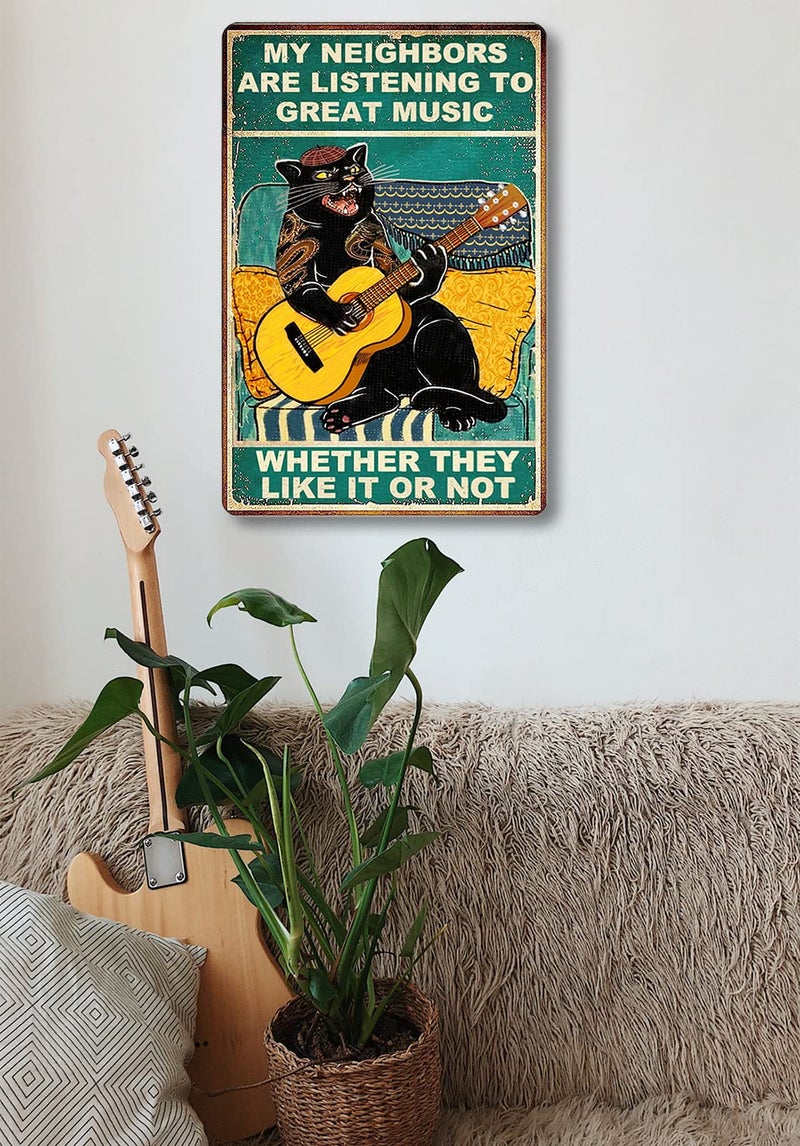 Fmcmly Funny Cat Guitar Metal Signs Vintage Music Tin Signs Home Bar Cafe Garage Hotel Diner Gym Man Cave Wall Decor 8x12 Inch - Image 2