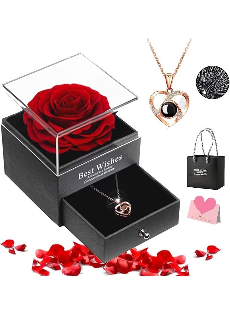 MAOGEDA Preserved Flowers with Necklace Gift Box - Forever Red Rose with I Love You Necklace for Mom/Daughter/Girlfriend/Wife on Anniversary/Wedding/Birthday/Birthday (Red) - Image 1