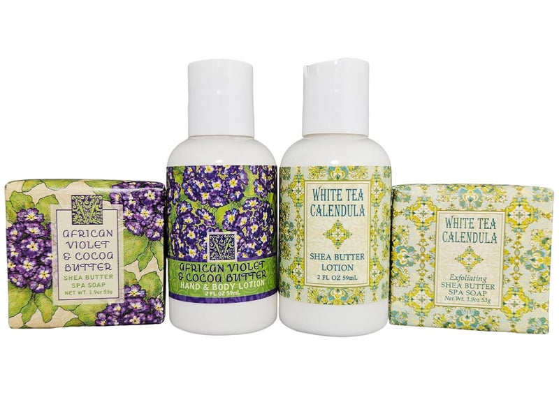 greenwich bay Floral Mini Soap Bar and Lotion Sampler African Violet and White Tea Set of 4 Enriched with Shea Butter Essential Oils and Natural Extracts Party Favors and Basket Fillers - Image 1
