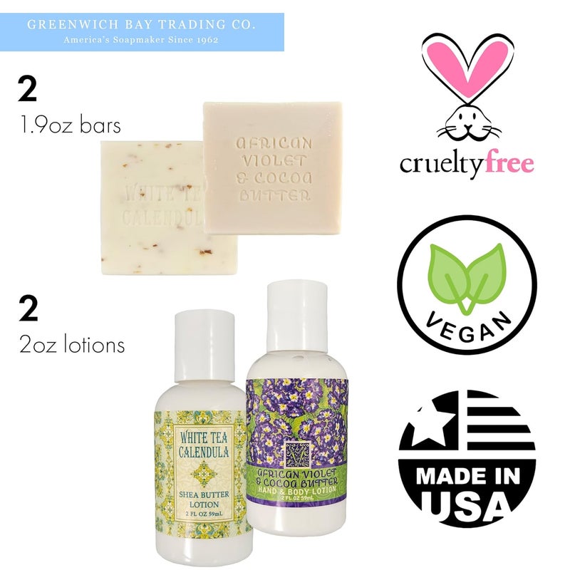 greenwich bay Floral Mini Soap Bar and Lotion Sampler African Violet and White Tea Set of 4 Enriched with Shea Butter Essential Oils and Natural Extracts Party Favors and Basket Fillers - Image 2