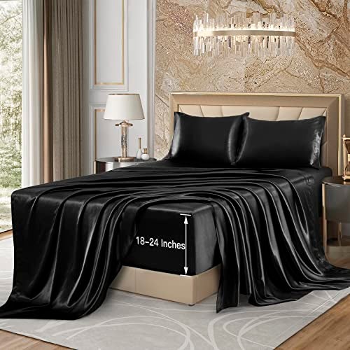 VACVELT 4pcs Extra Deep Pocket Satin Sheets King Size Bed Set, Black Satin Sheet Set Fit 18-24 Inch Deep Pocket Mattress, Silky & Luxury Satin Bedding Set Soft & Ultra Deep Fitted Sheet Set - Image 4