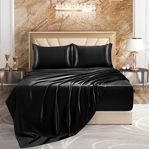 VACVELT 4pcs Extra Deep Pocket Satin Sheets King Size Bed Set, Black Satin Sheet Set Fit 18-24 Inch Deep Pocket Mattress, Silky & Luxury Satin Bedding Set Soft & Ultra Deep Fitted Sheet Set - Image 2