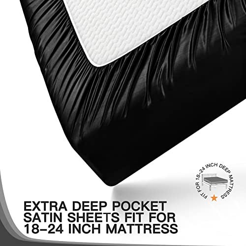 VACVELT 4pcs Extra Deep Pocket Satin Sheets King Size Bed Set, Black Satin Sheet Set Fit 18-24 Inch Deep Pocket Mattress, Silky & Luxury Satin Bedding Set Soft & Ultra Deep Fitted Sheet Set - Image 5