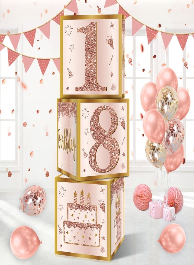 Guiruiy 3Pcs 18th Birthday Decorations Boxes for Girls Women, Pink Rose Gold 18th Birthday Balloons Boxes Party Supplies, Pink Eighteen Year Old Birthday Theme Cardboard Box Decor - Image 1