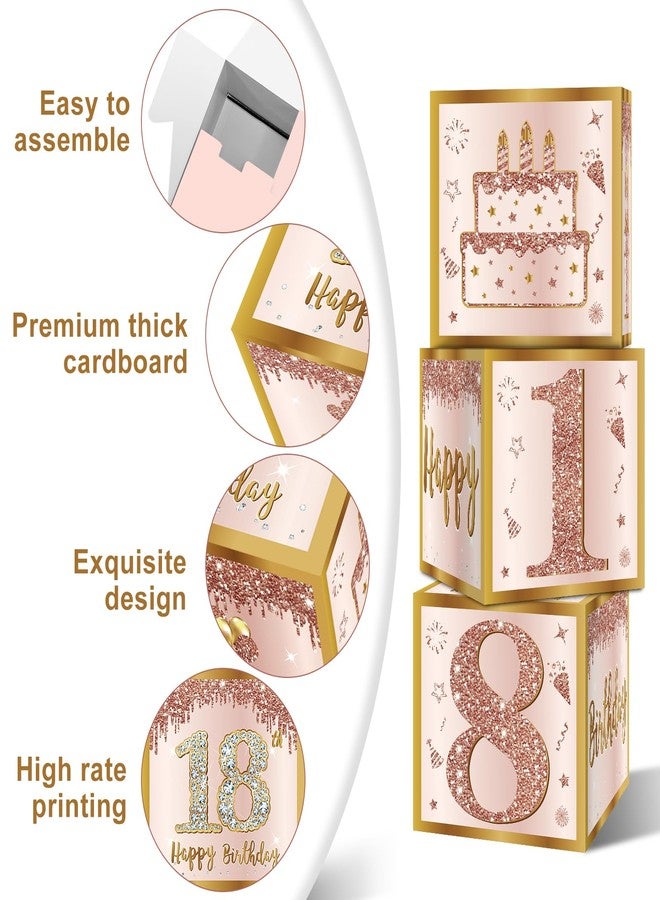Guiruiy 3Pcs 18th Birthday Decorations Boxes for Girls Women, Pink Rose Gold 18th Birthday Balloons Boxes Party Supplies, Pink Eighteen Year Old Birthday Theme Cardboard Box Decor - Image 3