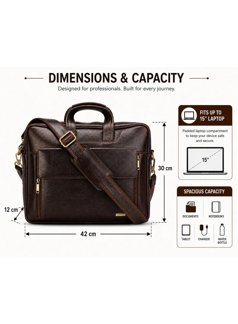 Teakwood 15 Teakwood Genuine Leather Laptop  Unisex Messenger Bag | Fits up to 15” Laptop | Brown Premium Business Briefcase | Multi-Compartment | Shoulder Strap | Durable Office & Travel Bag for Men | Best Price UAE
