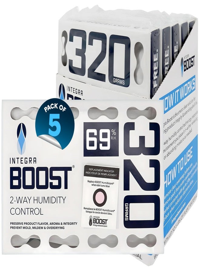 Integra Boost أكياس التحكم بالرطوبة ثنائية الاتجاه من إنتغرا بوست، 69% رطوبة نسبية - حجم 320 غرام لتخزين 80 أونصة - عبوة من 5 أكياس | ماصات رطوبة للحاويات الكبيرة - أكياس مرطبة للأعشاب والتوابل في علبة عرض للبيع بالتجزئة - Image 1