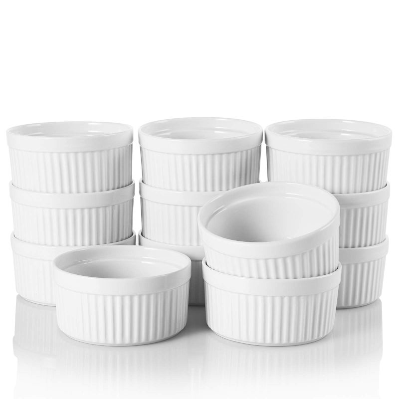 Foraineam 12 Pieces 8 oz Porcelain Souffle Dishes, Oven Safe Ramekins White Bakeware Set Dessert Custard Baking Dishes Cups for Baking, Cooking, Serving and More - Image 3