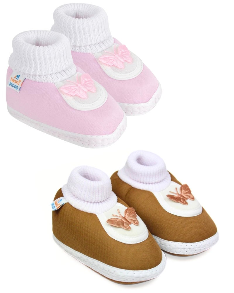 Neska Moda 6 To 12 Months Baby Boys & Girls Pack of 2 Pair Cotton Butterfly Booties -SK175andBT2146 - Image 1