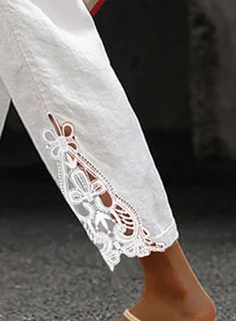 Jokeluck Women Casual Lightweight Drawstring Elastic Waist Cropped Linen Pants Fall Spring Slacks Capri Pants Trendy Fashion 2025 Beach Trousers with Pockets White Small - Image 4