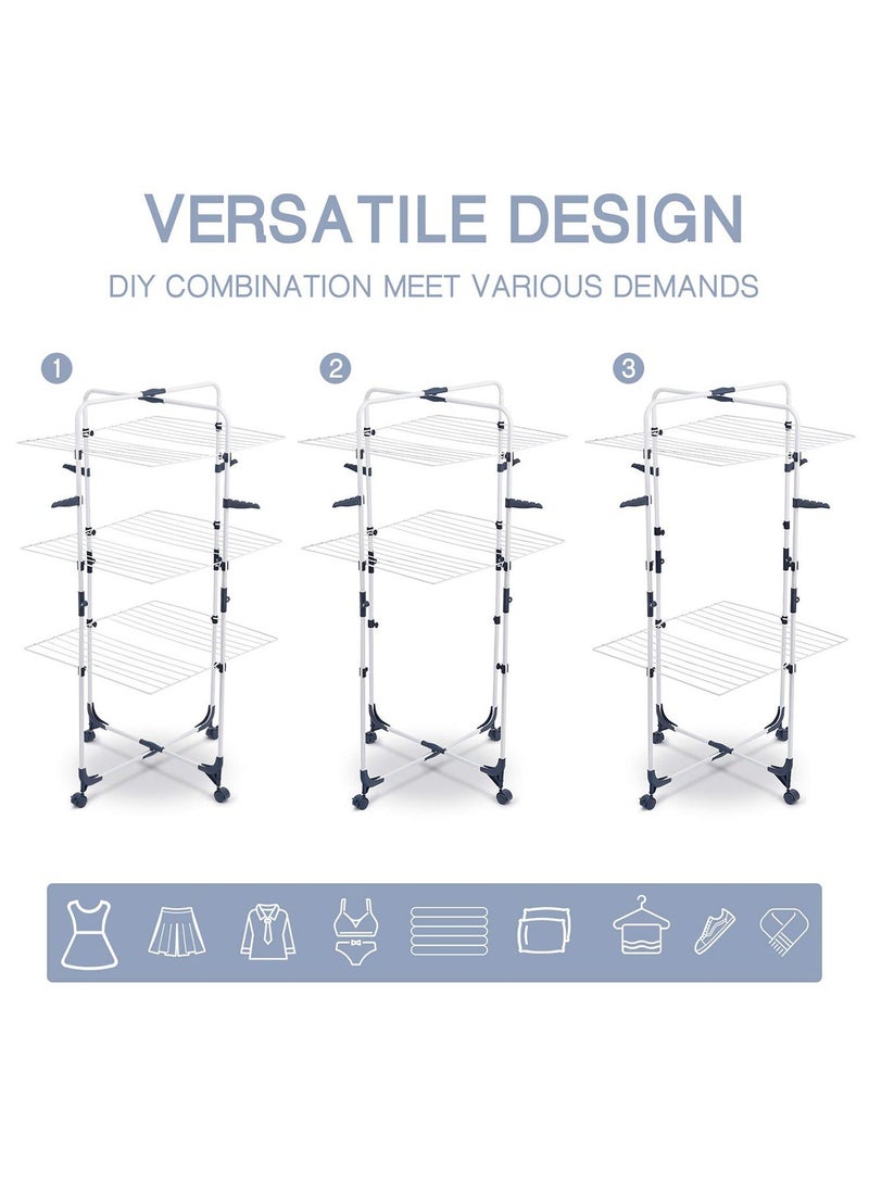 منشر غسيل 3 طبقات قابل للطي بعجلات و 4 خطافات - حامل تجفيف ملابس من الفولاذ للأستخدام الداخلي والخارجي - أبيض - Image 4