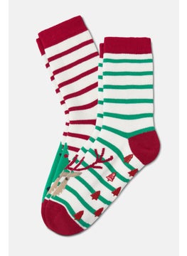 Kid Girls 2 Pair Anti Slip Socks, Red and Green