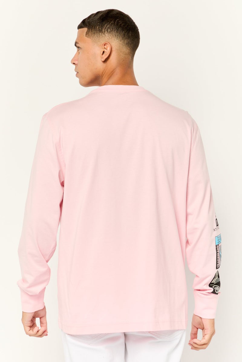 ESPRIT تي شيرت رجالي بأكمام طويلة وياقة دائرية مزخرفة، وردي - Image 2