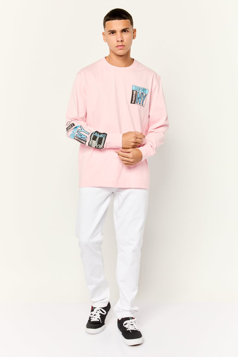 ESPRIT تي شيرت رجالي بأكمام طويلة وياقة دائرية مزخرفة، وردي - Image 3