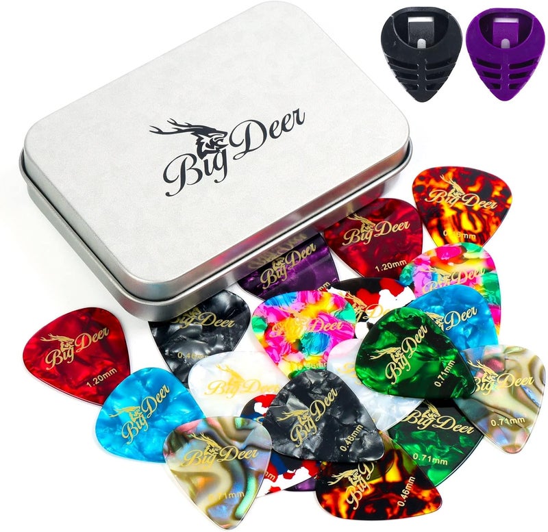 BigDeer 30 Pack Bright celluloid guitar picks, including 0.46mm, 0.71mm, 0.96mm and 1.2mm picks for acoustic guitars, ukulele, bass in tin case,comes with two guitar pick holders - Image 1