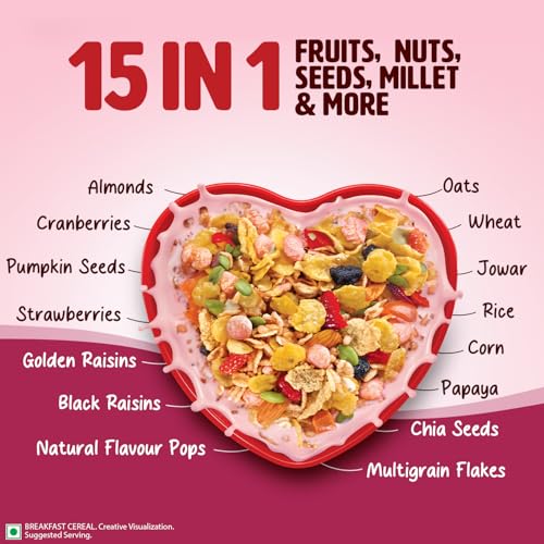 Saffola Muesli Fruit & Nut Berry Crunch with Flavour Pops, 700 gm | 15 in 1 Fruit and Nuts, Seeds, Millet & more | Cereals for breakfast rich in wholegrain, protein, fibre - Image 3