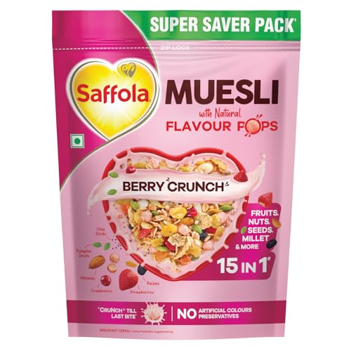 Saffola Muesli Fruit & Nut Berry Crunch with Flavour Pops, 700 gm | 15 in 1 Fruit and Nuts, Seeds, Millet & more | Cereals for breakfast rich in wholegrain, protein, fibre - Image 1