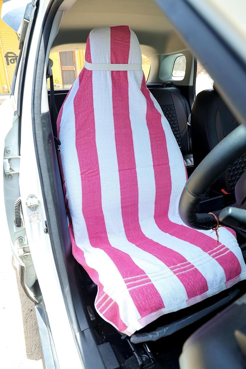 DRYHUG 100% Superfine Cotton Solid Large Luxury All Car Seat Towel with Tie Knot & elistick 550 GSM - (Pack of 1,) Original Product AS PER Picture Shown (Colour White Pink) - Image 1