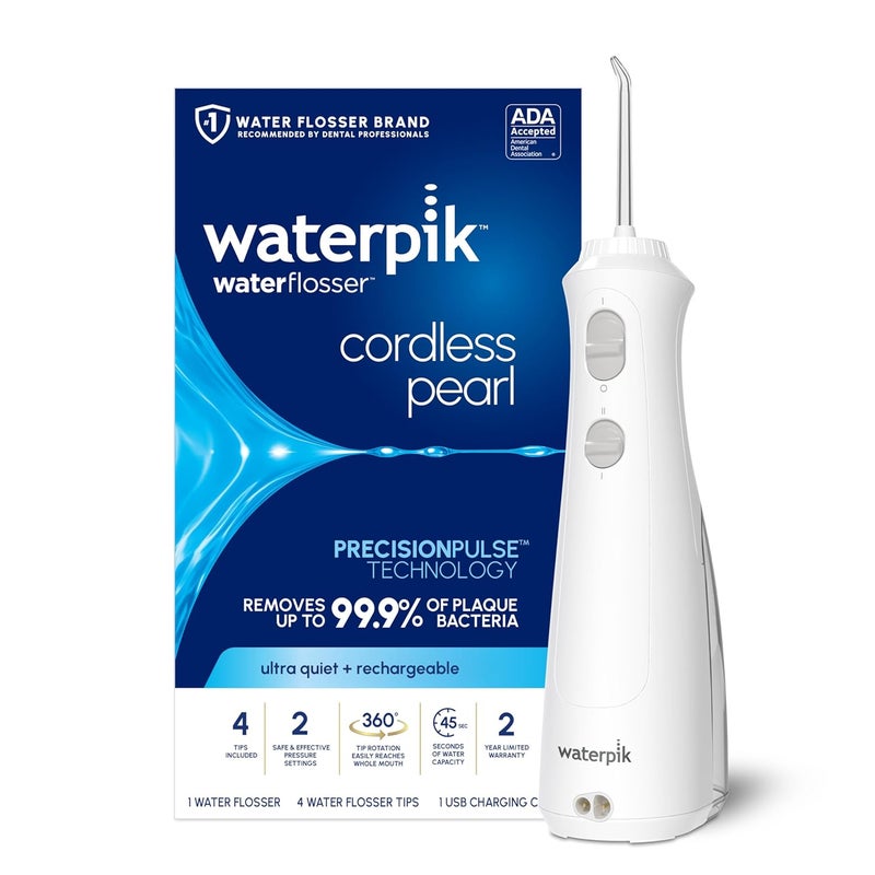 Waterpik Cordless Pearl Rechargeable Portable Water Flosser for Teeth Gums Braces Care and Travel with 4 Flossing Tips  ADA Accepted WF13 White Packaging May Vary - Image 1