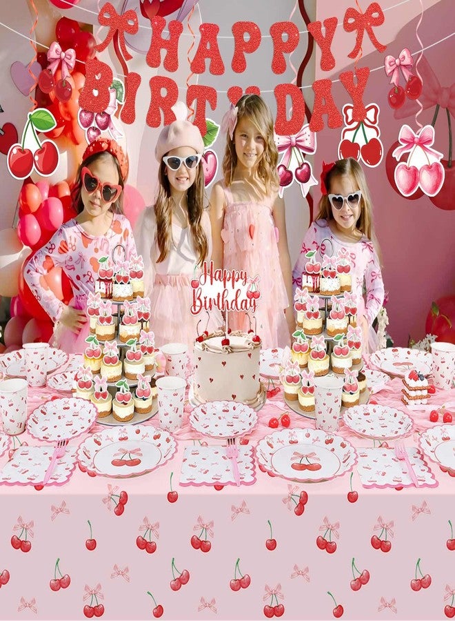 Caisehabu Cherry Birthday Decorations, 182Pcs Cherry Plates Napkins Cups Forks Tablecloth Banner Hanging Swirls Cupcake Toppers and Ballons for Cherries Themed Party Decorations - Image 2