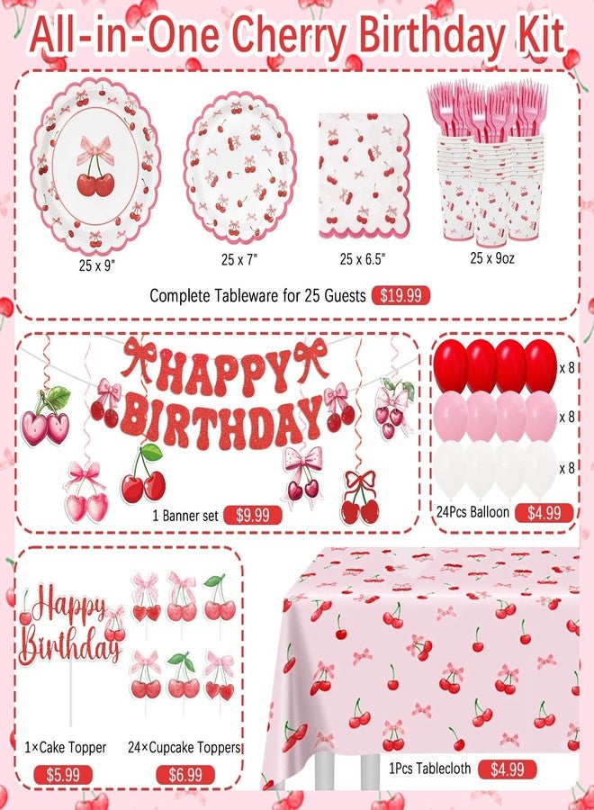 Caisehabu Cherry Birthday Decorations, 182Pcs Cherry Plates Napkins Cups Forks Tablecloth Banner Hanging Swirls Cupcake Toppers and Ballons for Cherries Themed Party Decorations - Image 5