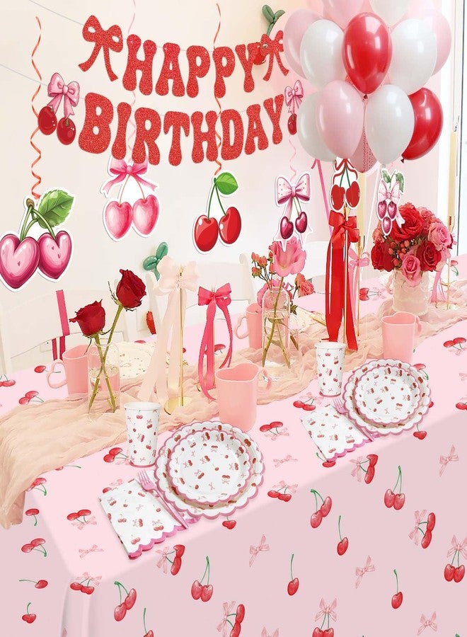 Caisehabu Cherry Birthday Decorations, 182Pcs Cherry Plates Napkins Cups Forks Tablecloth Banner Hanging Swirls Cupcake Toppers and Ballons for Cherries Themed Party Decorations - Image 3