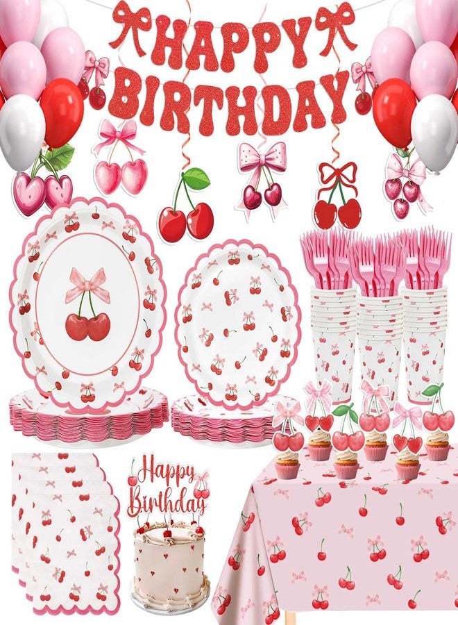 Caisehabu Cherry Birthday Decorations, 182Pcs Cherry Plates Napkins Cups Forks Tablecloth Banner Hanging Swirls Cupcake Toppers and Ballons for Cherries Themed Party Decorations - Image 1