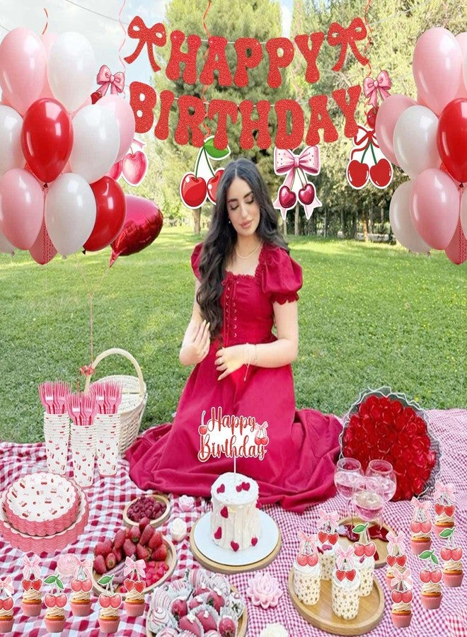 Caisehabu Cherry Birthday Decorations, 182Pcs Cherry Plates Napkins Cups Forks Tablecloth Banner Hanging Swirls Cupcake Toppers and Ballons for Cherries Themed Party Decorations - Image 4