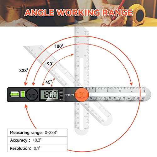 Preciva T-Bevel Gauge & Protractor with Horizontal and Vertical Bubble,0-338° Digital Angle Finder Protractor 230mm/8inch Display for Carpentry Woodworking, Metalworking, Construction - Image 3