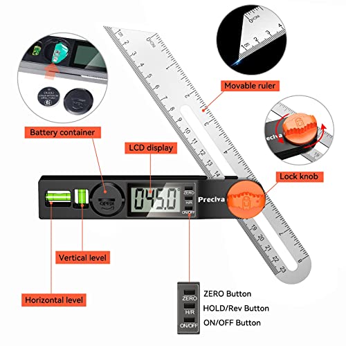 Preciva T-Bevel Gauge & Protractor with Horizontal and Vertical Bubble,0-338° Digital Angle Finder Protractor 230mm/8inch Display for Carpentry Woodworking, Metalworking, Construction - Image 5