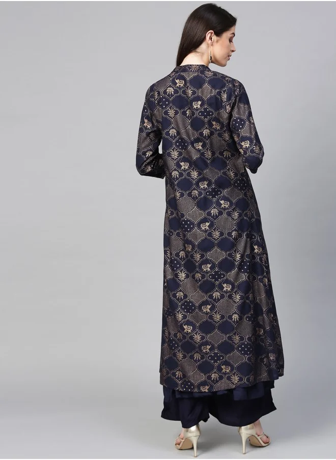 آي شين A-Line Fit Printed Pattern Round Neck Three-Quarter Sleeves Dark Blue Colour Knitted Cotton Kurta Set for Women with Semi Elastic Closure - Designed with Style and Comfort