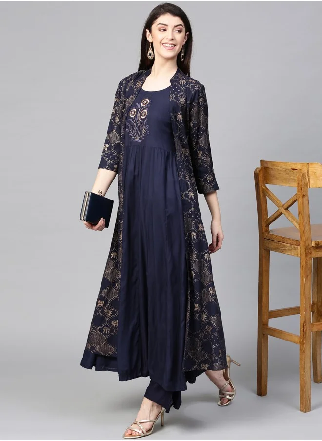 ISHIN A-Line Fit Printed Pattern Round Neck Three-Quarter Sleeves Dark Blue Colour Knitted Cotton Kurta Set for Women with Semi Elastic Closure - Designed with Style and Comfort