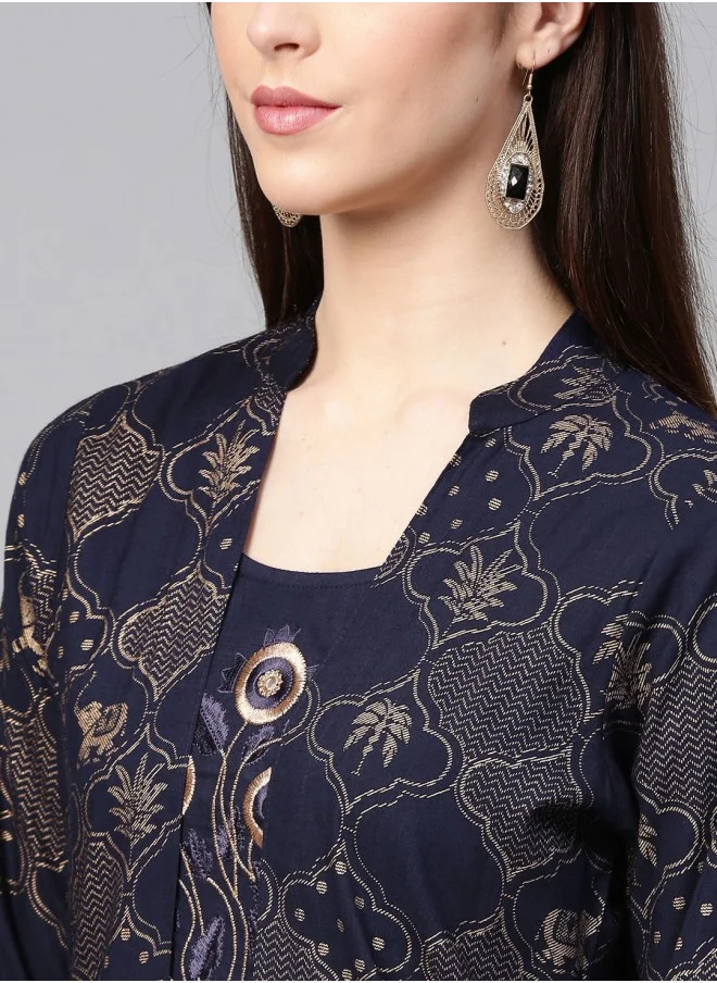 ISHIN A-Line Fit Printed Pattern Round Neck Three-Quarter Sleeves Dark Blue Colour Knitted Cotton Kurta Set for Women with Semi Elastic Closure - Designed with Style and Comfort