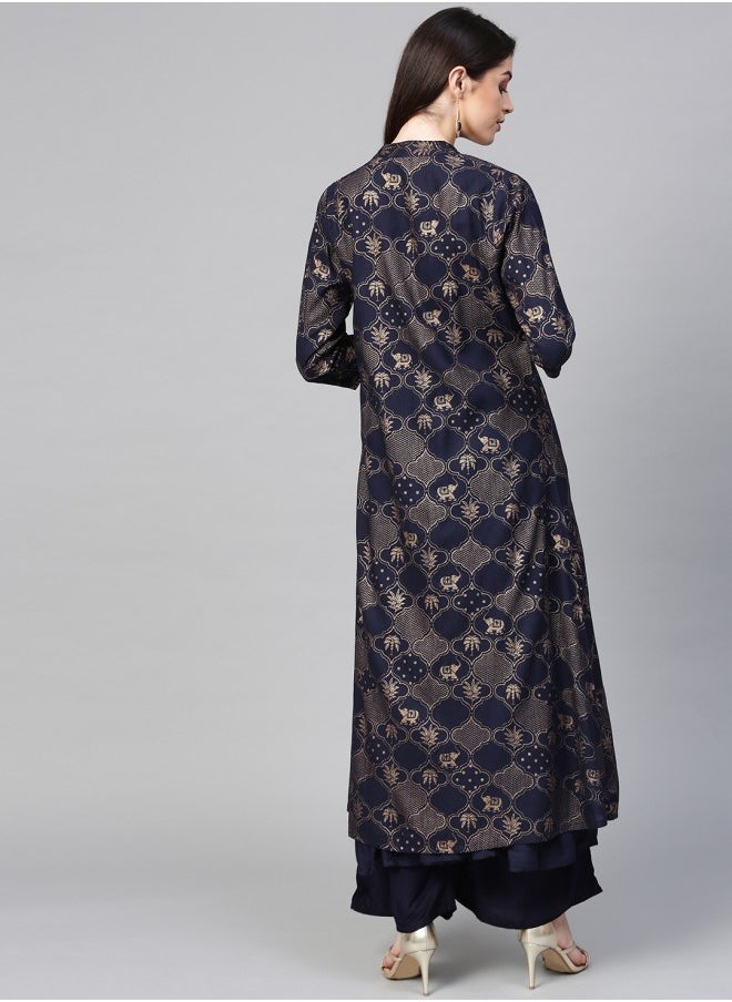 ISHIN A-Line Fit Printed Pattern Round Neck Three-Quarter Sleeves Dark Blue Colour Knitted Cotton Kurta Set for Women with Semi Elastic Closure - Designed with Style and Comfort  - Image 3