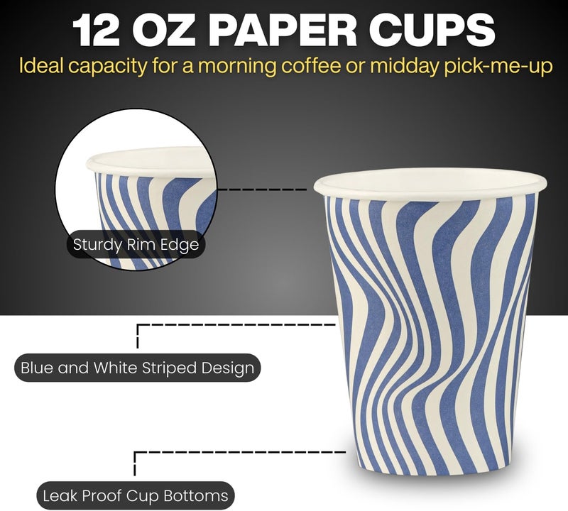 Smygoods 12 أونصة أكواب قهوة ورقية يمكن التخلص منها – تصميم مموج باللونين الأزرق والأبيض، أكواب مشروبات ساخنة للقهوة والشاي والإسبريسو والكاكاو – عبوة من 100 قطعة - Image 5