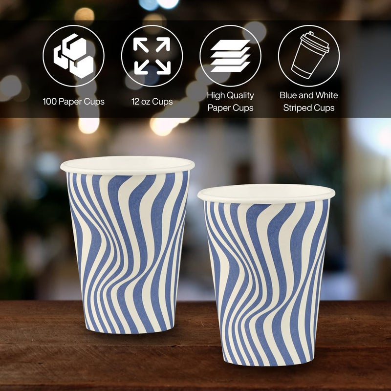 Smygoods 12 أونصة أكواب قهوة ورقية يمكن التخلص منها – تصميم مموج باللونين الأزرق والأبيض، أكواب مشروبات ساخنة للقهوة والشاي والإسبريسو والكاكاو – عبوة من 100 قطعة - Image 3