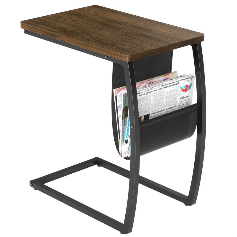 SRIWATANA Side Table End Table Vintage C Shaped Couch Table with Side Pocket for Sofa Laptop Coffee Snack Walnut