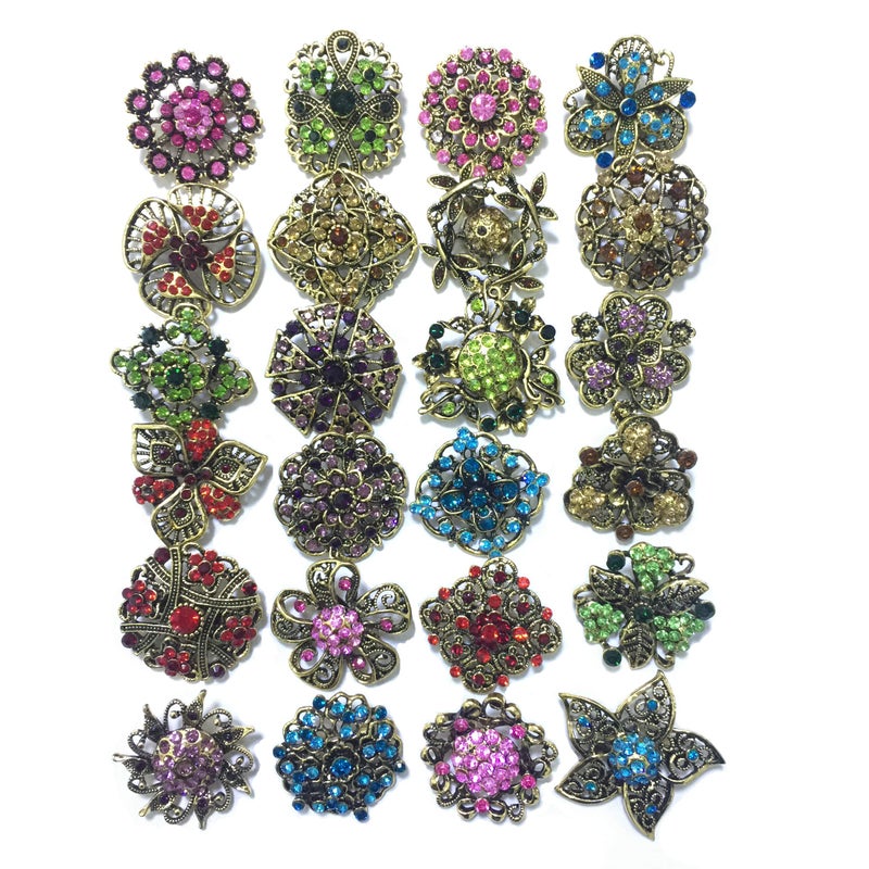 Ezing Lot 24pc Shining Rhinestone Crystal Brooches Pins DIY Wedding Bouquet Kit (E) - Image 1