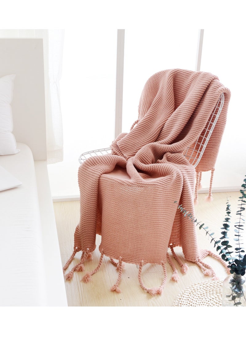 Y&D Simple Solid Color Knitted Throw Blanket Cotton Pink  - Image 1