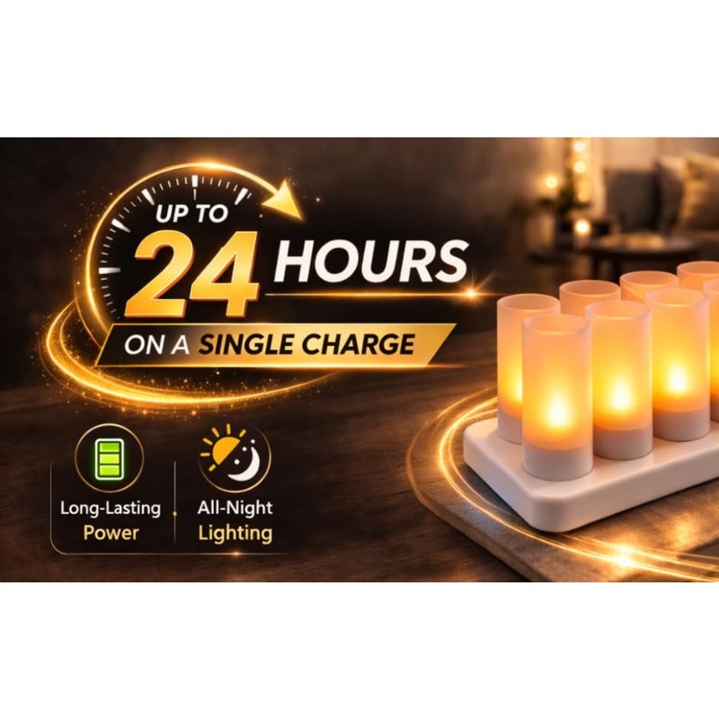 Rechargeable LED Flameless Candles Set of 12 with Charging Base Up to 24 Hours Battery Life Warm Flickering Light For Home Restaurant and Events - Image 4