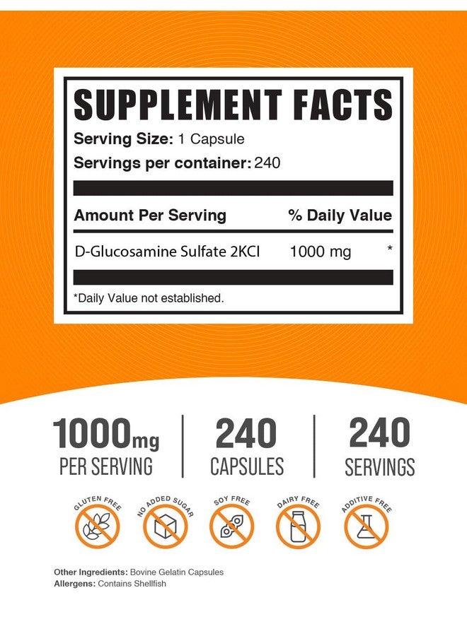 BulkSupplements.com Glucosamine Sulfate Capsules - Glucosamine Supplement, for Joint Support - Glucosamine Sulfate 1000mg, Gluten Free, 1 Capsule per Serving, 240 Capsules (Pack of 1) - Image 2