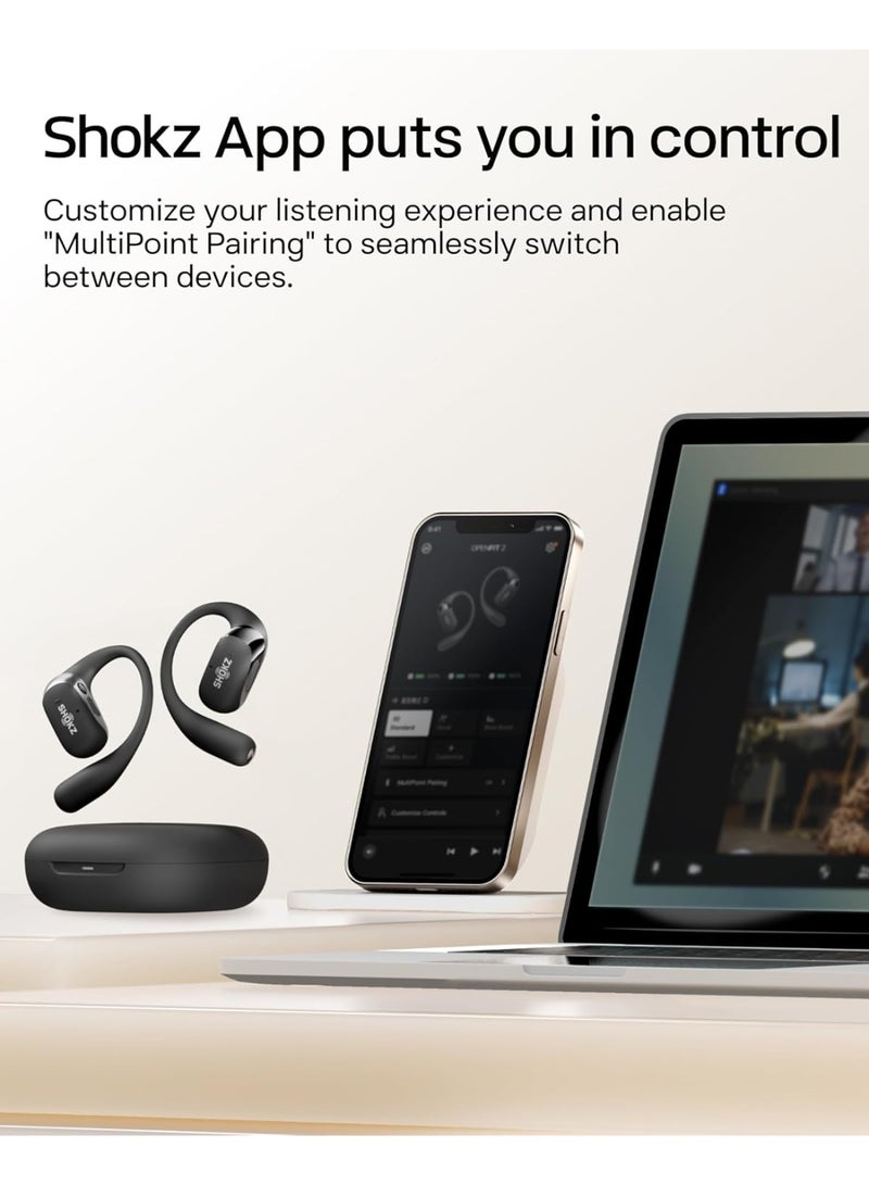 شوكز سماعات أذن لاسلكية مفتوحة OpenFit 2 | سماعات بلوتوث 5.2 مع ميكروفون، 48 ساعة من وقت التشغيل، شحن سريع عبر USB-C، مقاومة للماء IP55، تصميم مع خطاف للأذن، حقيبة حمل – سماعات ستيريو لاسلكية حقيقية - Image 5