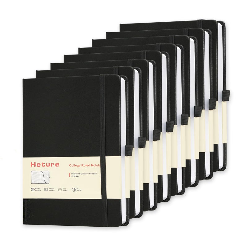 Heture 8 Pack Lined Journal Notebooks,A5 Hardcover Notebooks, 5.5 x 8.3 inch, 100GSM, 160 Pages, Classic College Ruled Notebooks for Writing/Work/Travel/College (Black) - Image 1